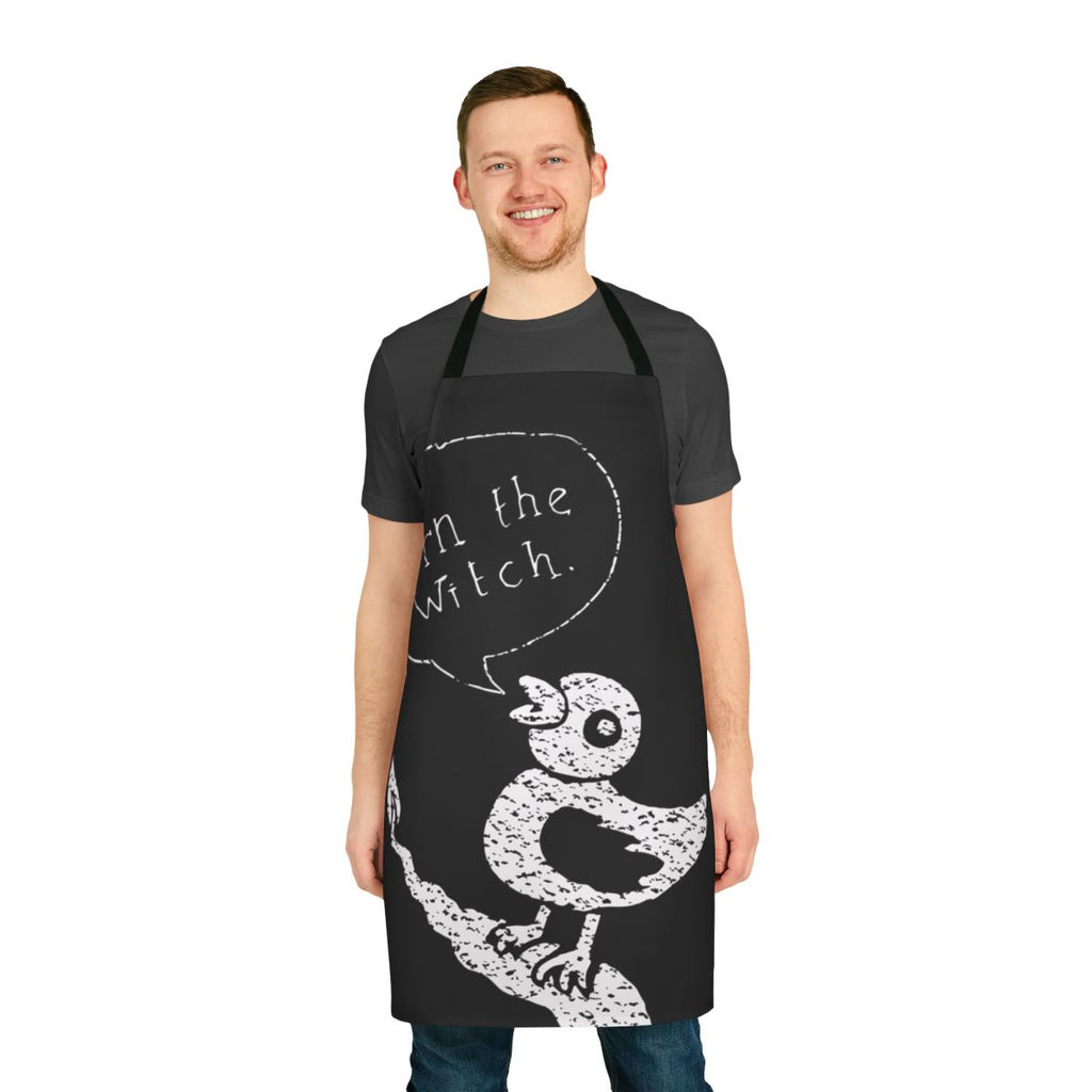 White apron with "Burn the Witch" lyrics inspired by Radiohead's music