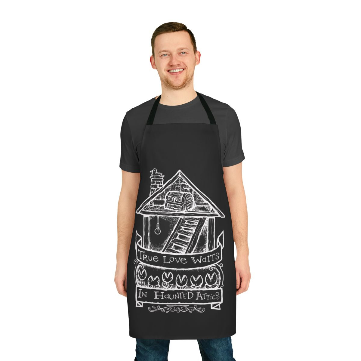 Radiohead-inspired "True Love Waits" apron featuring black lettering typography