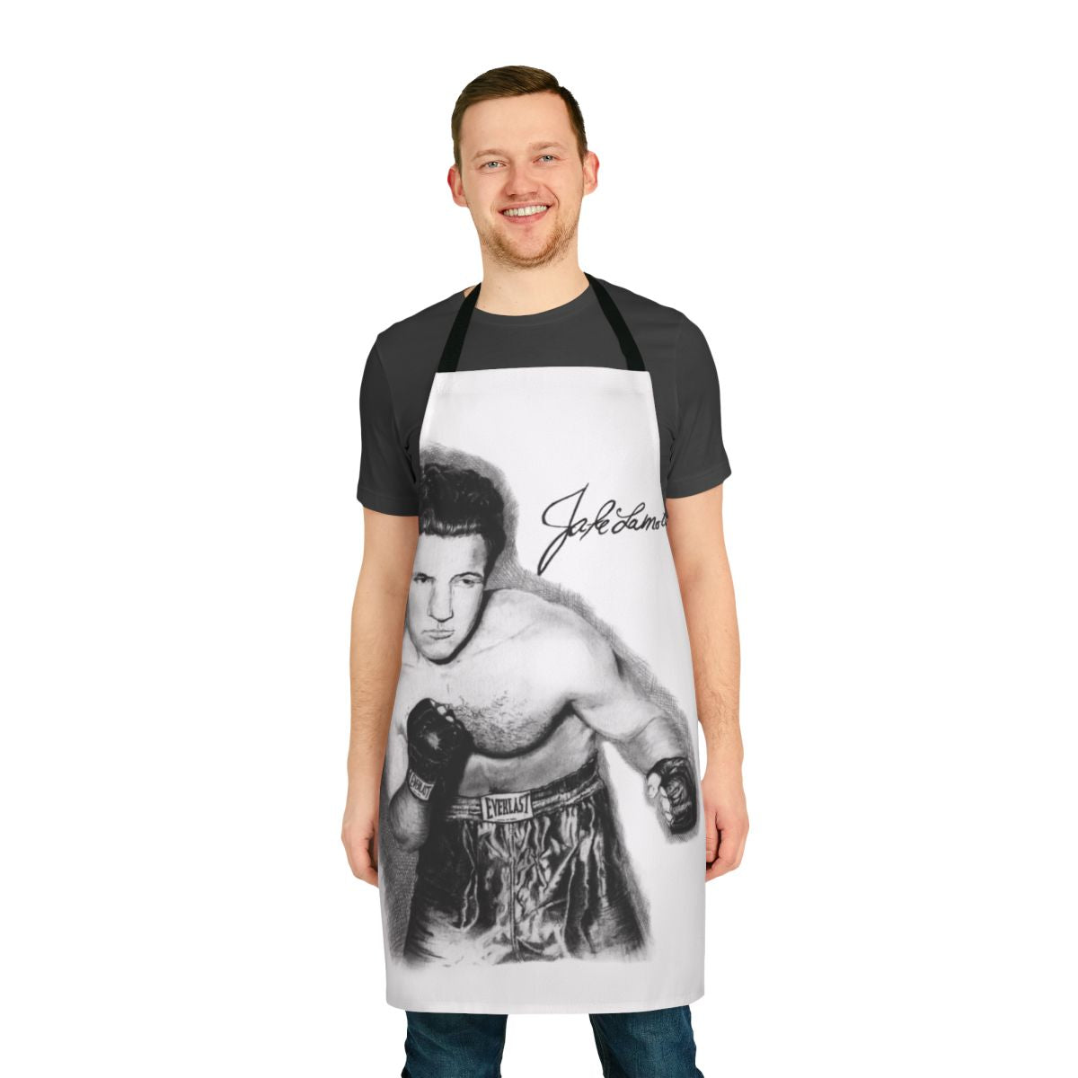 Raging Bull inspired black and white sketch design on a durable apron for sports fans and artists