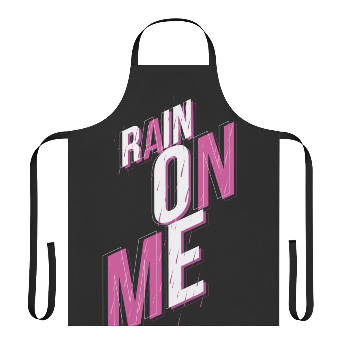 A pink apron with the phrase "Rain On Me" printed on it, inspired by the hit song from Lady Gaga's album Chromatica.