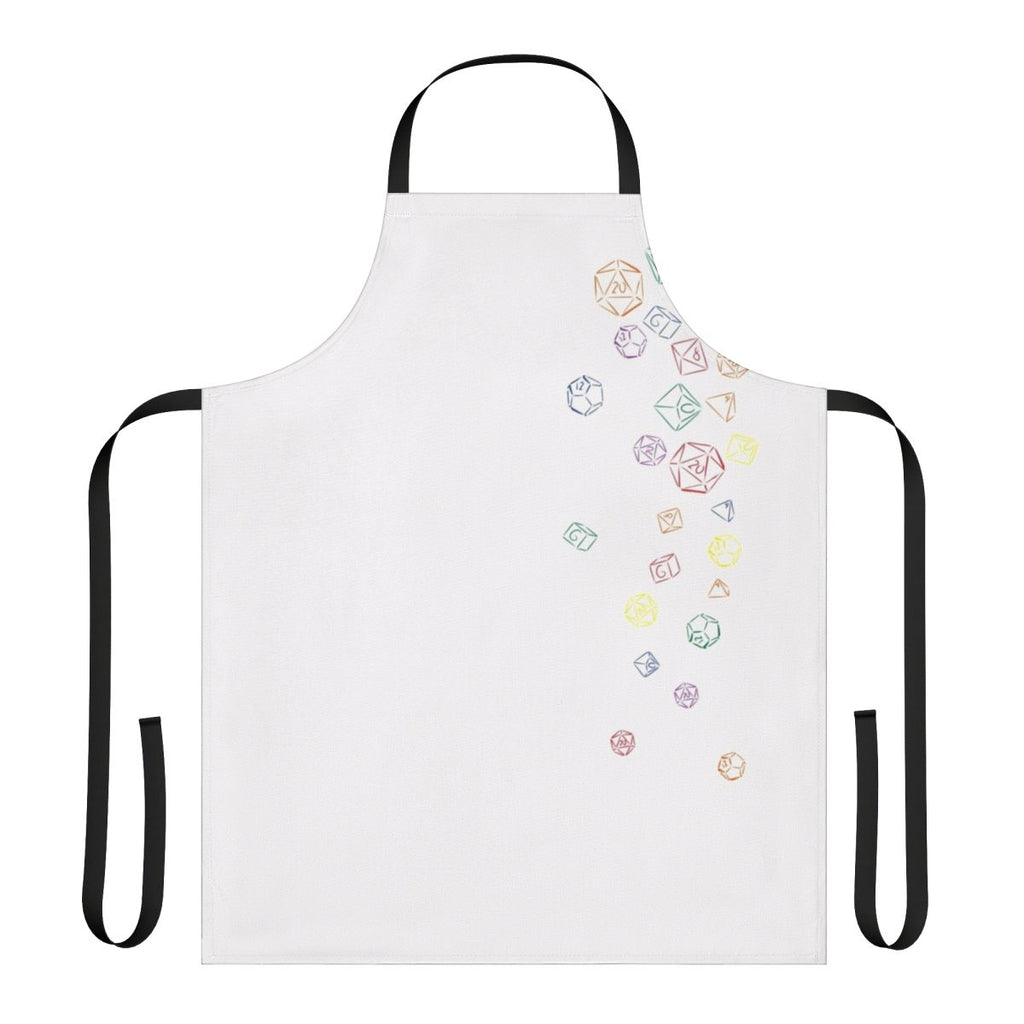 Colorful cascading dice pattern on an apron, perfect for tabletop gaming and RPG enthusiasts.