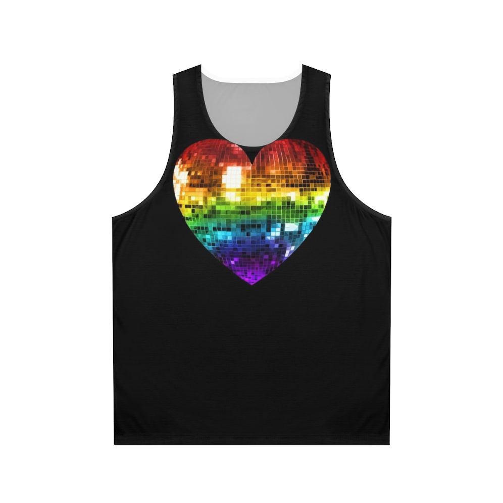 Unisex tank top with a rainbow disco ball heart design