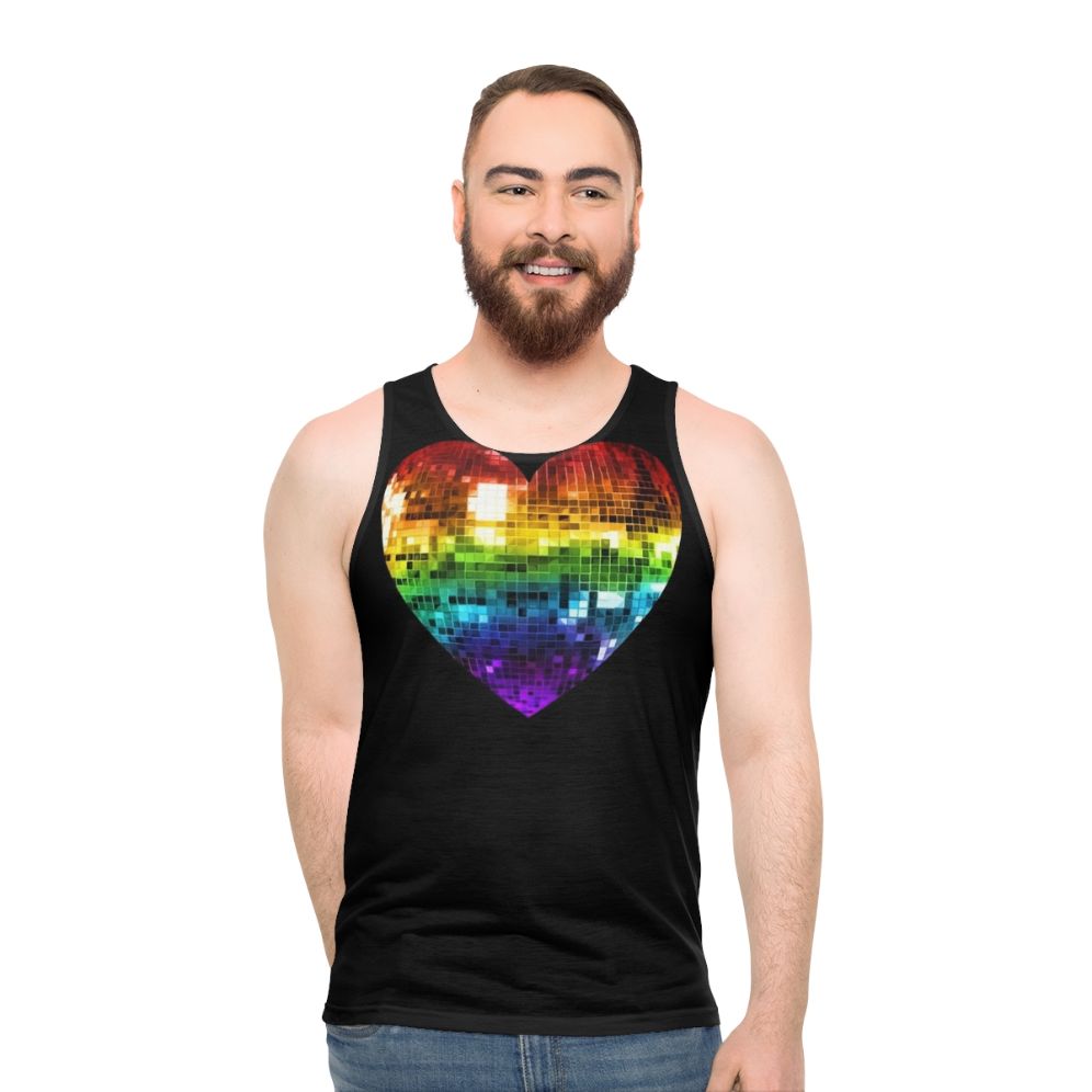 Unisex tank top with a rainbow disco ball heart design