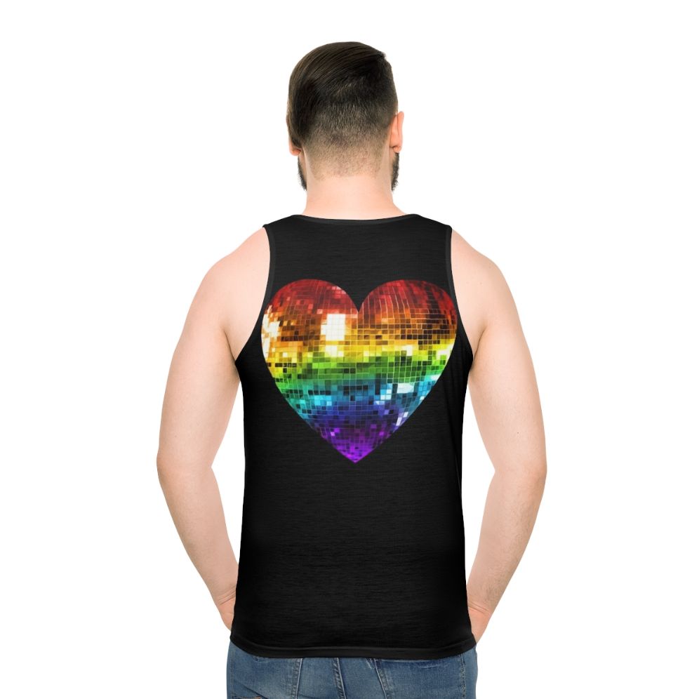 Unisex tank top with a rainbow disco ball heart design