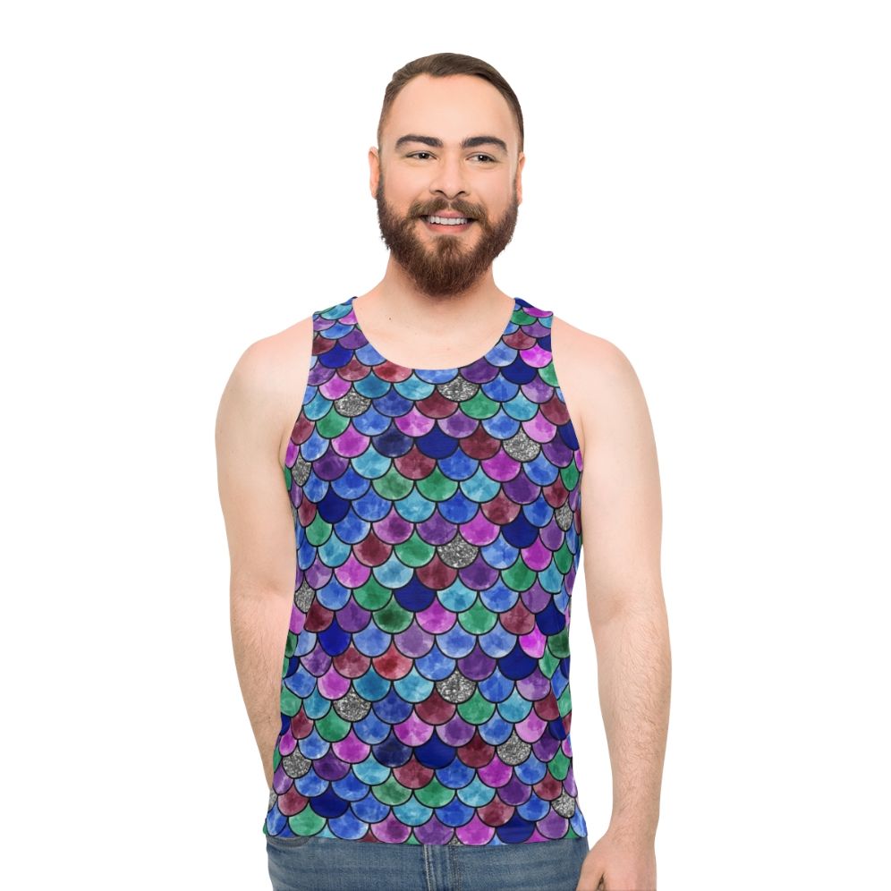 Unisex tank top with a vibrant rainbow fish design