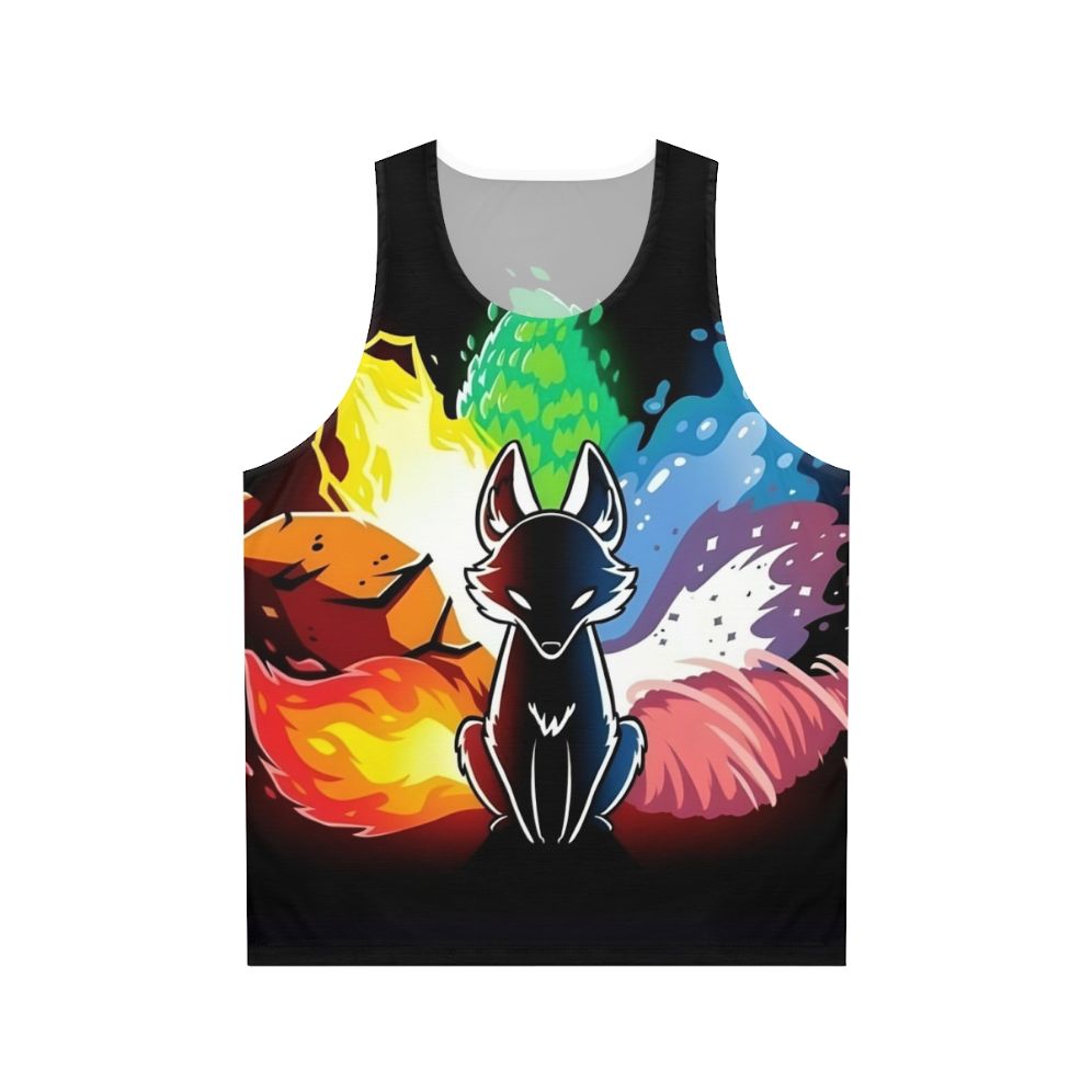 Unisex tank top featuring a rainbow kitsune, a mythical fox-like creature