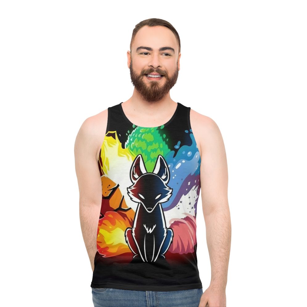 Unisex tank top featuring a rainbow kitsune, a mythical fox-like creature