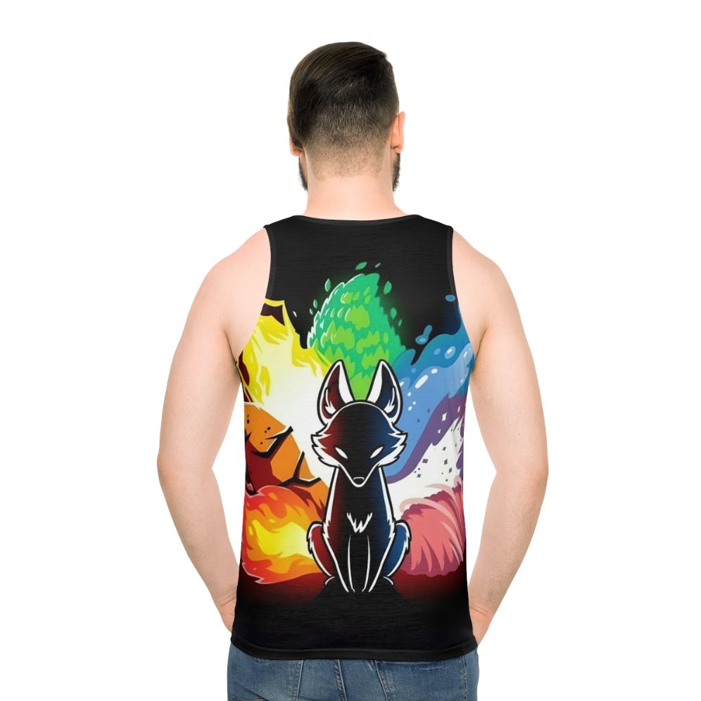 Unisex tank top featuring a rainbow kitsune, a mythical fox-like creature