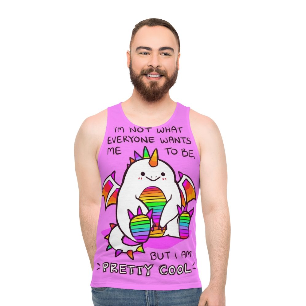 Unisex tank top with a rainbow potato dragon design