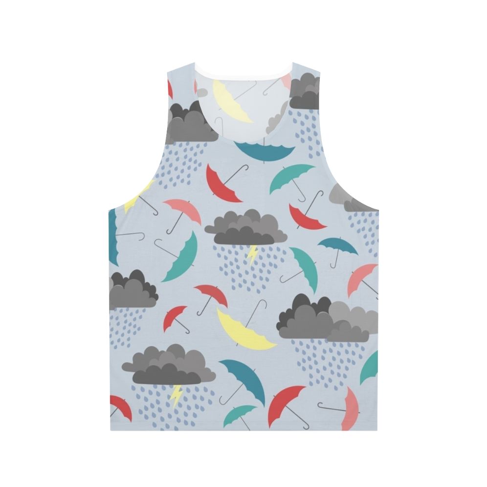 Rainy day unisex tank top with a colorful pattern of umbrellas, clouds, and lightning