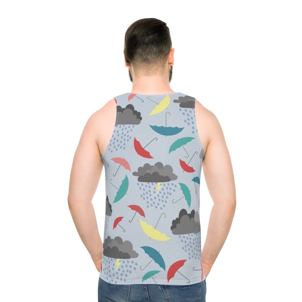 Rainy day unisex tank top with a colorful pattern of umbrellas, clouds, and lightning