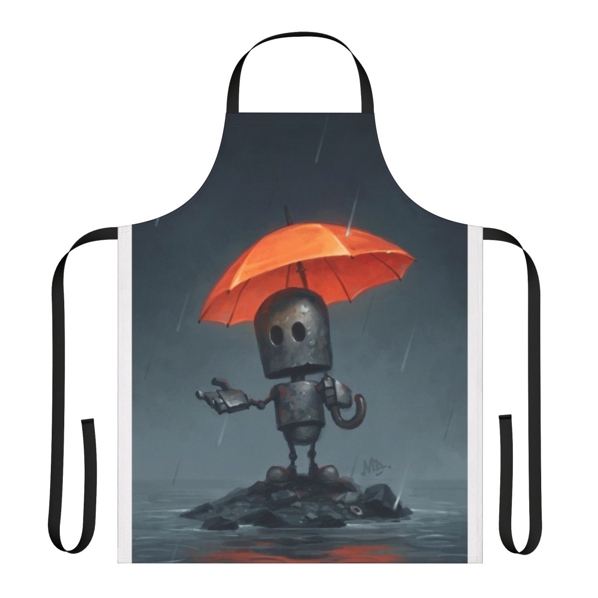A charming apron depicting a lonely robot with an umbrella, designed for the rainy season