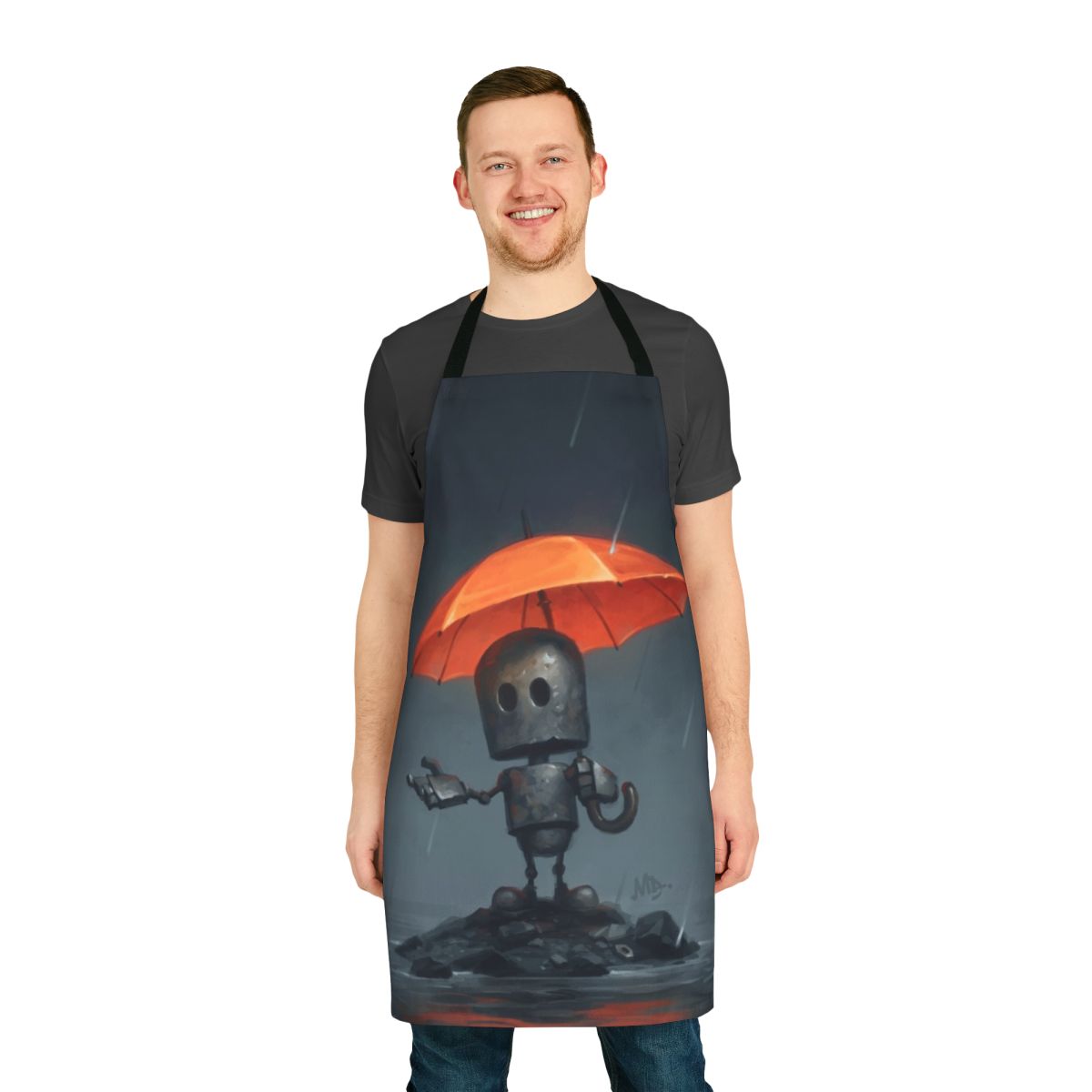A charming apron depicting a lonely robot with an umbrella, designed for the rainy season