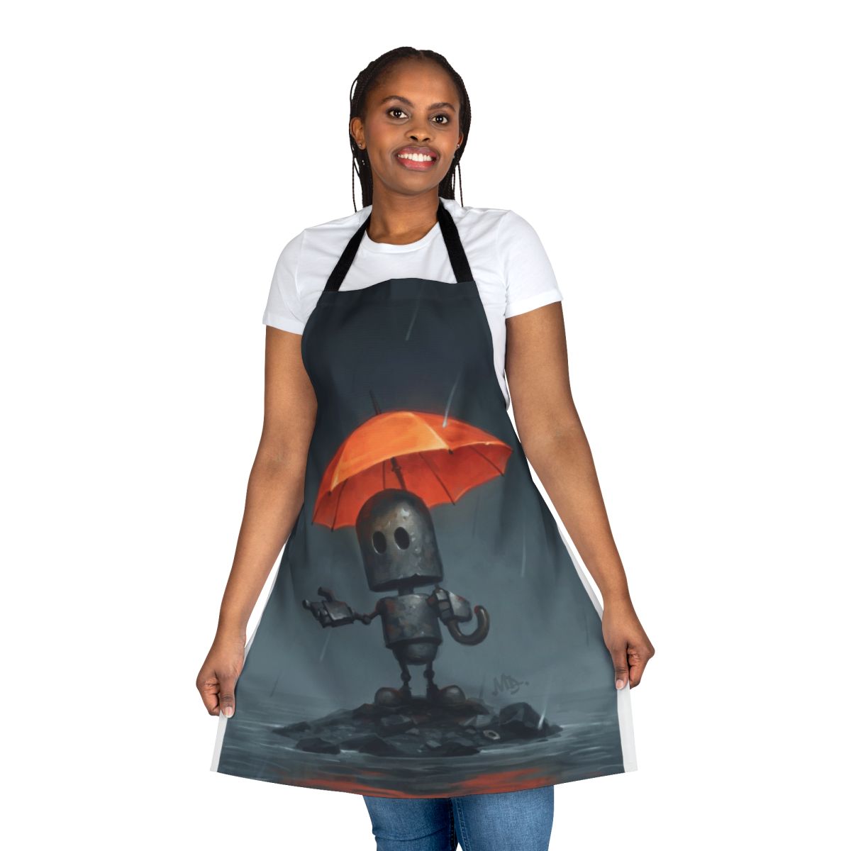A charming apron depicting a lonely robot with an umbrella, designed for the rainy season