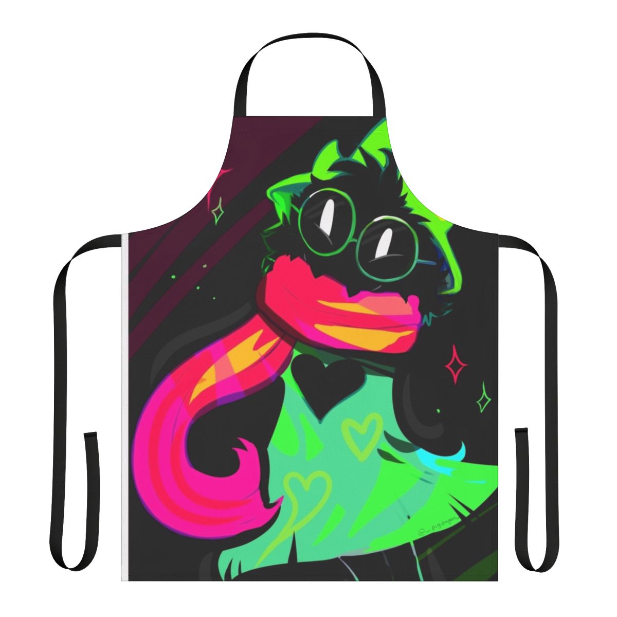 Ralsei-inspired apron featuring a cute, fluffy monster design in a rainbow and neon color scheme