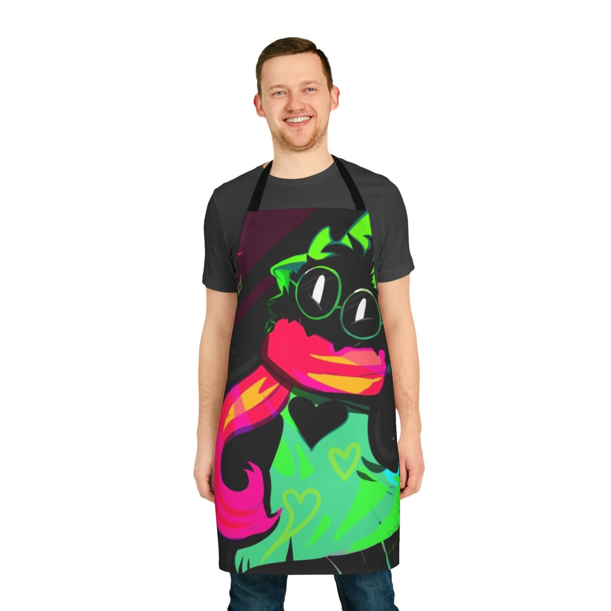 Ralsei-inspired apron featuring a cute, fluffy monster design in a rainbow and neon color scheme