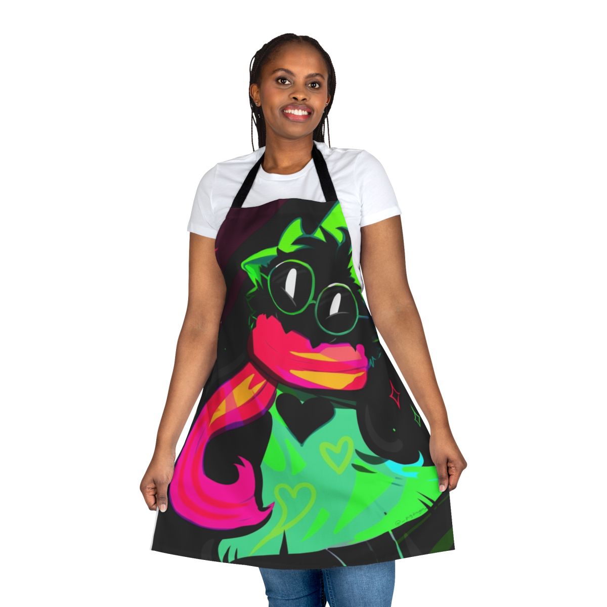 Ralsei-inspired apron featuring a cute, fluffy monster design in a rainbow and neon color scheme
