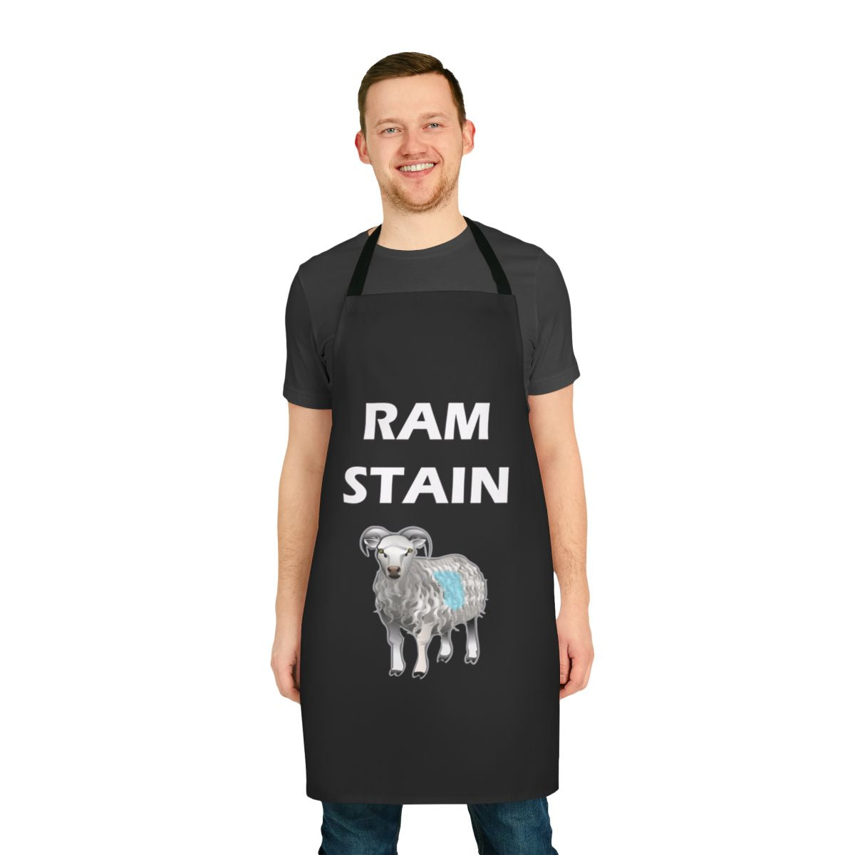 Ram Stain parody funny apron with Rammstein-inspired design