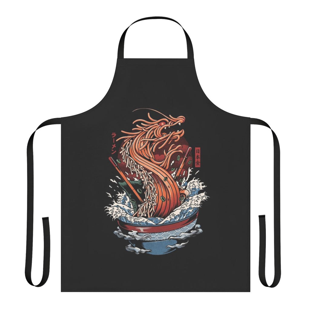 Ramen dragon inspired Japanese style apron with kanji art, kaiju and great wave design
