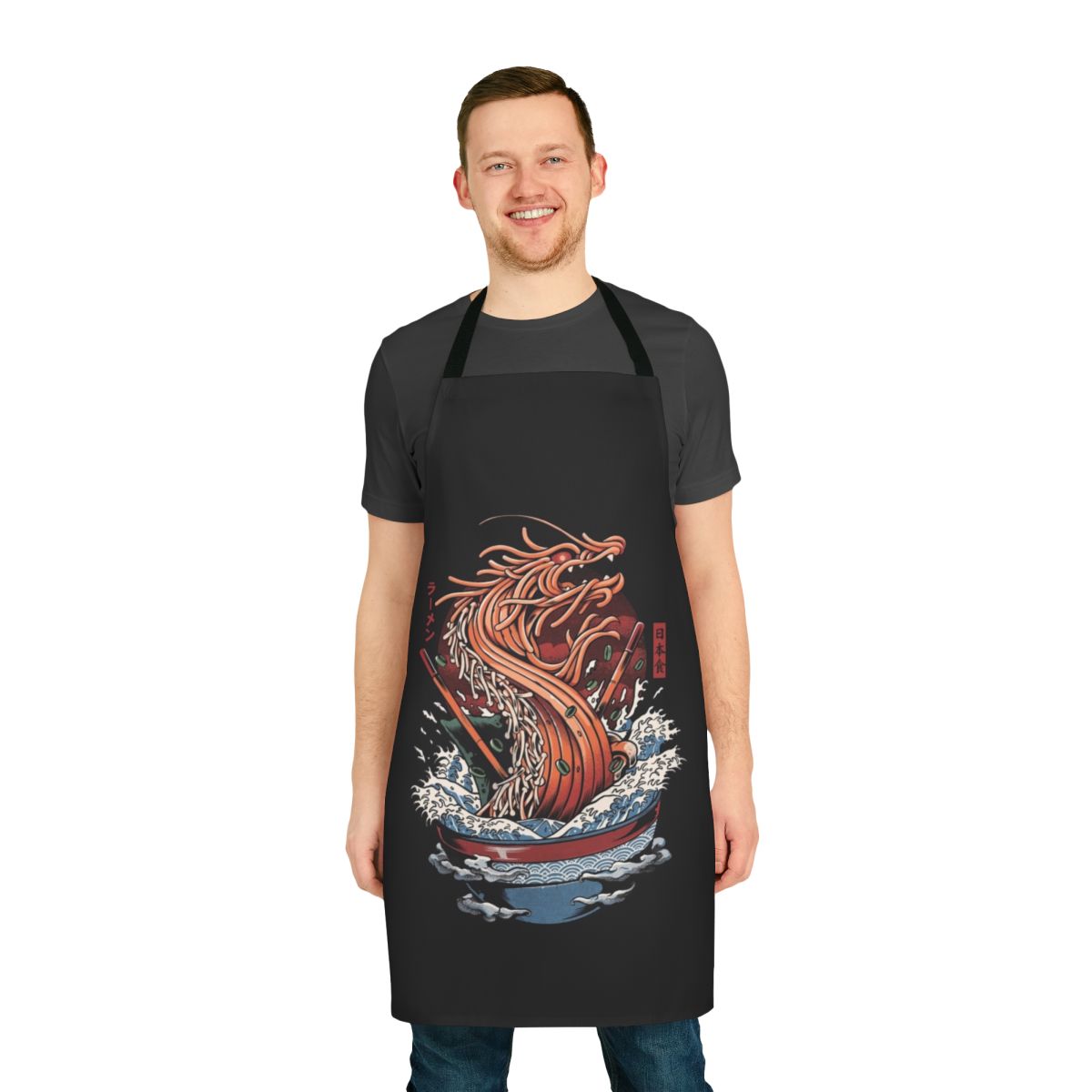 Ramen dragon inspired Japanese style apron with kanji art, kaiju and great wave design