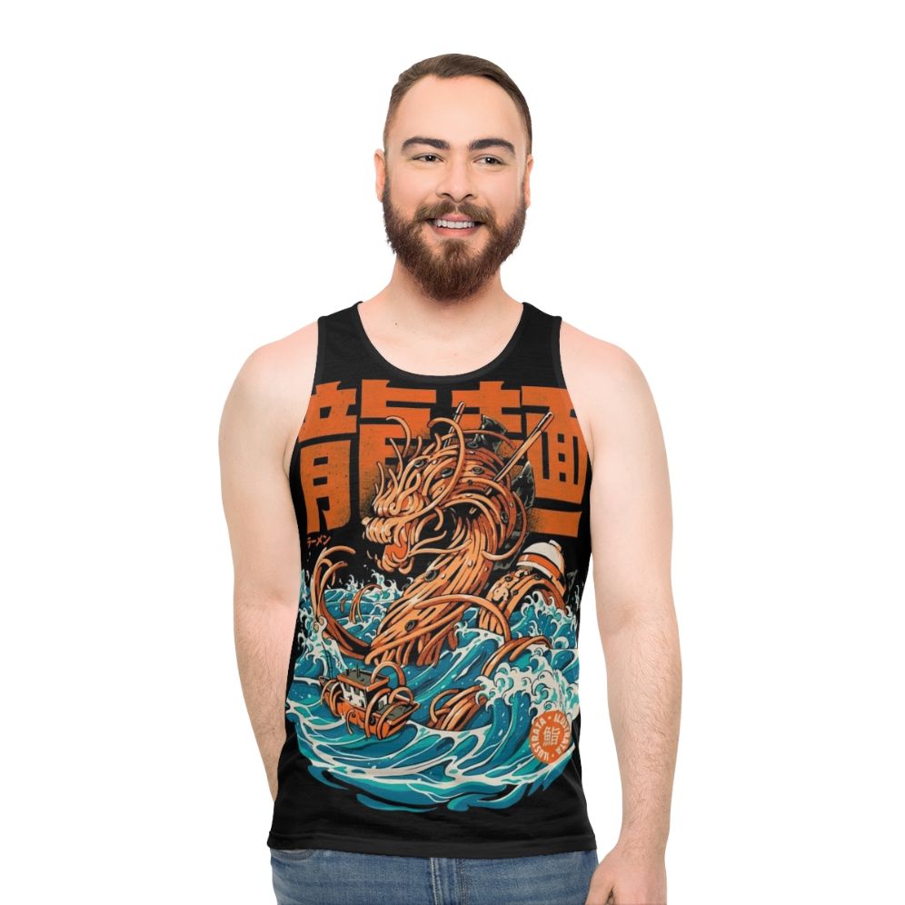 Black unisex tank top with ramen dragon and Kanagawa wave illustration