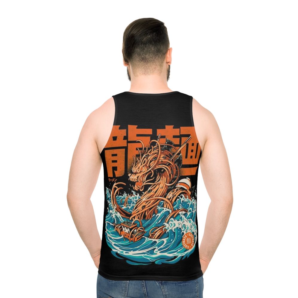 Black unisex tank top with ramen dragon and Kanagawa wave illustration