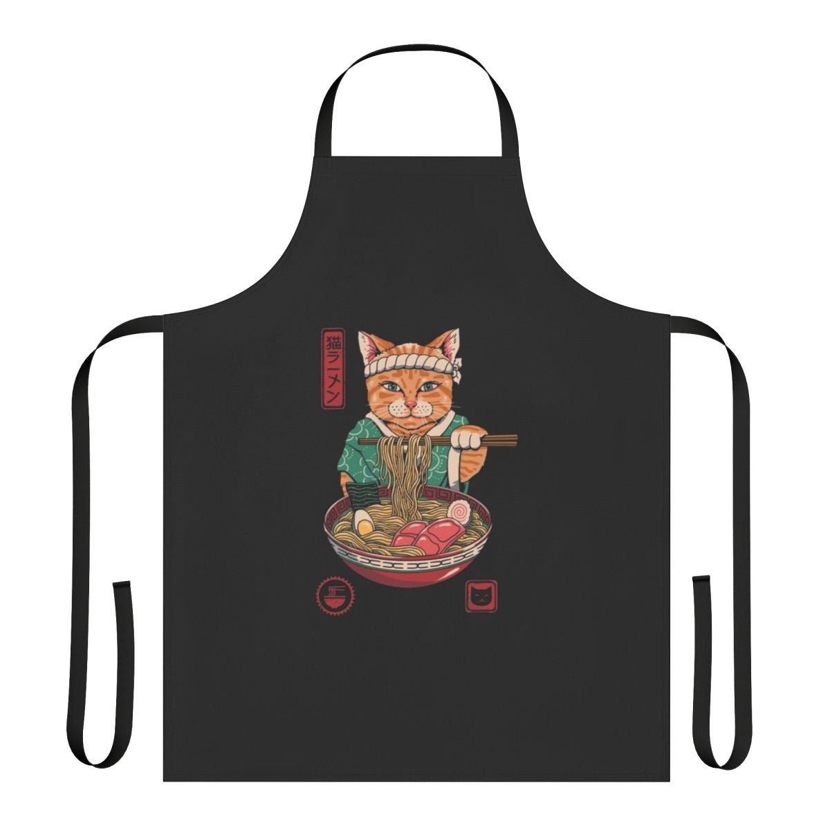 Ramen apron with colorful Japanese-style ramen bowl and adorable cat graphic
