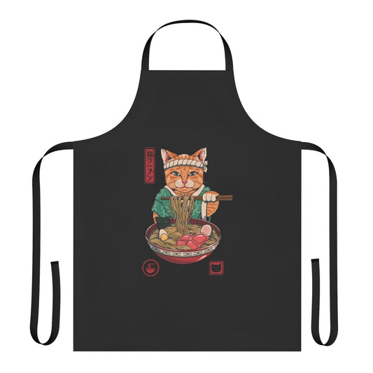 Ramen apron with colorful Japanese-style ramen bowl and adorable cat graphic