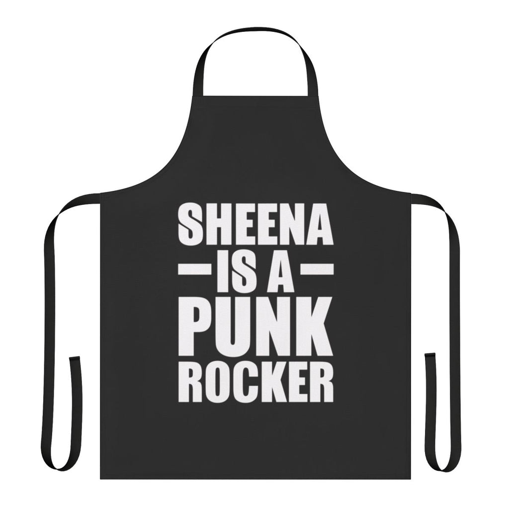 White Ramones-inspired apron with black vintage lettering and punk rock imagery