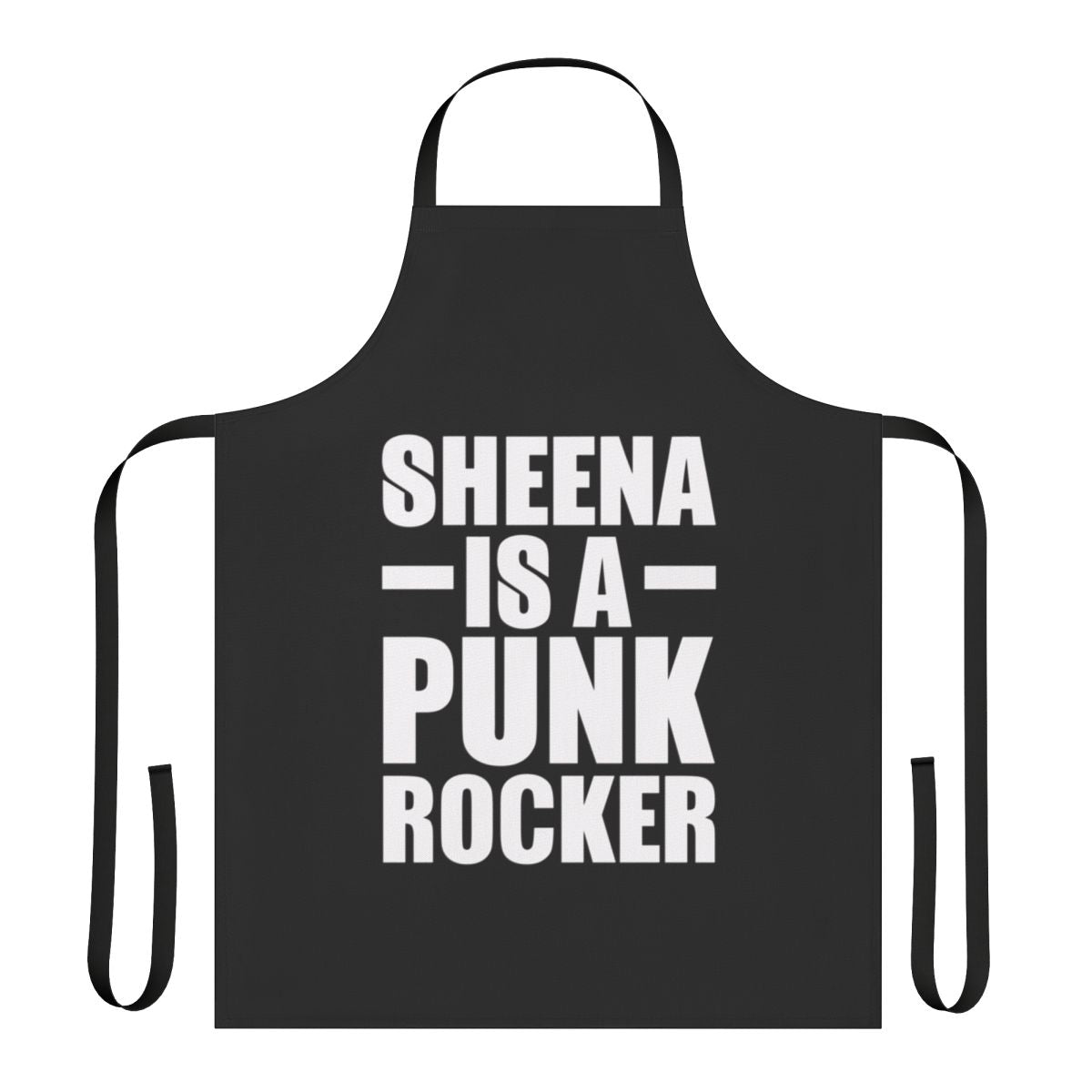 White Ramones-inspired apron with black vintage lettering and punk rock imagery