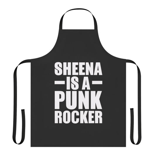 White Ramones-inspired apron with black vintage lettering and punk rock imagery