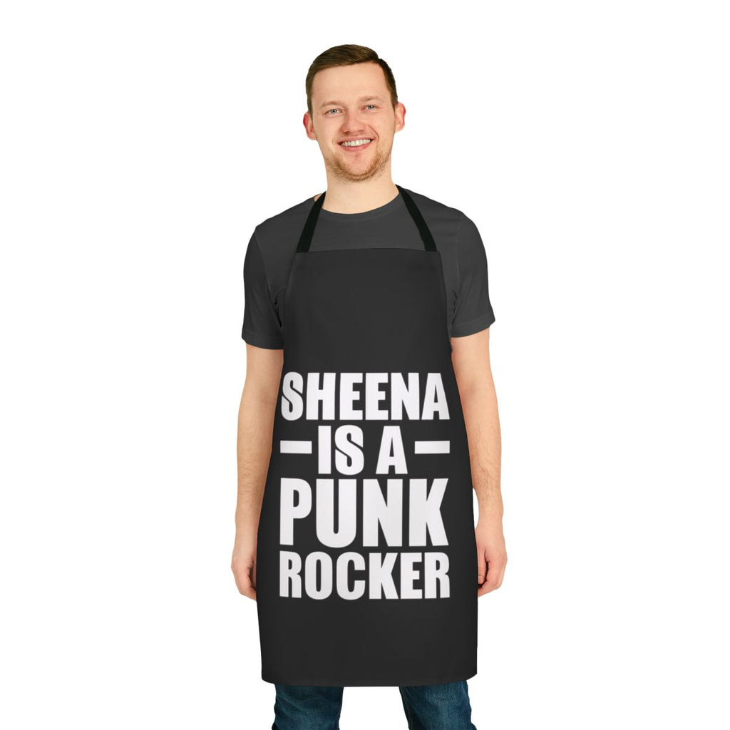 White Ramones-inspired apron with black vintage lettering and punk rock imagery