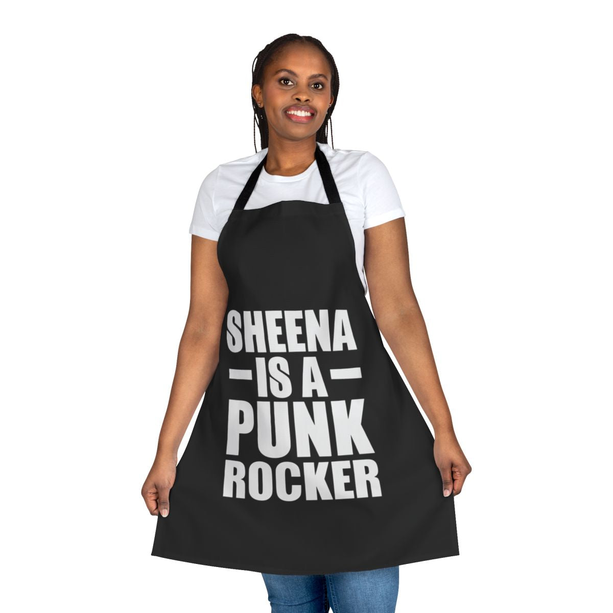 White Ramones-inspired apron with black vintage lettering and punk rock imagery