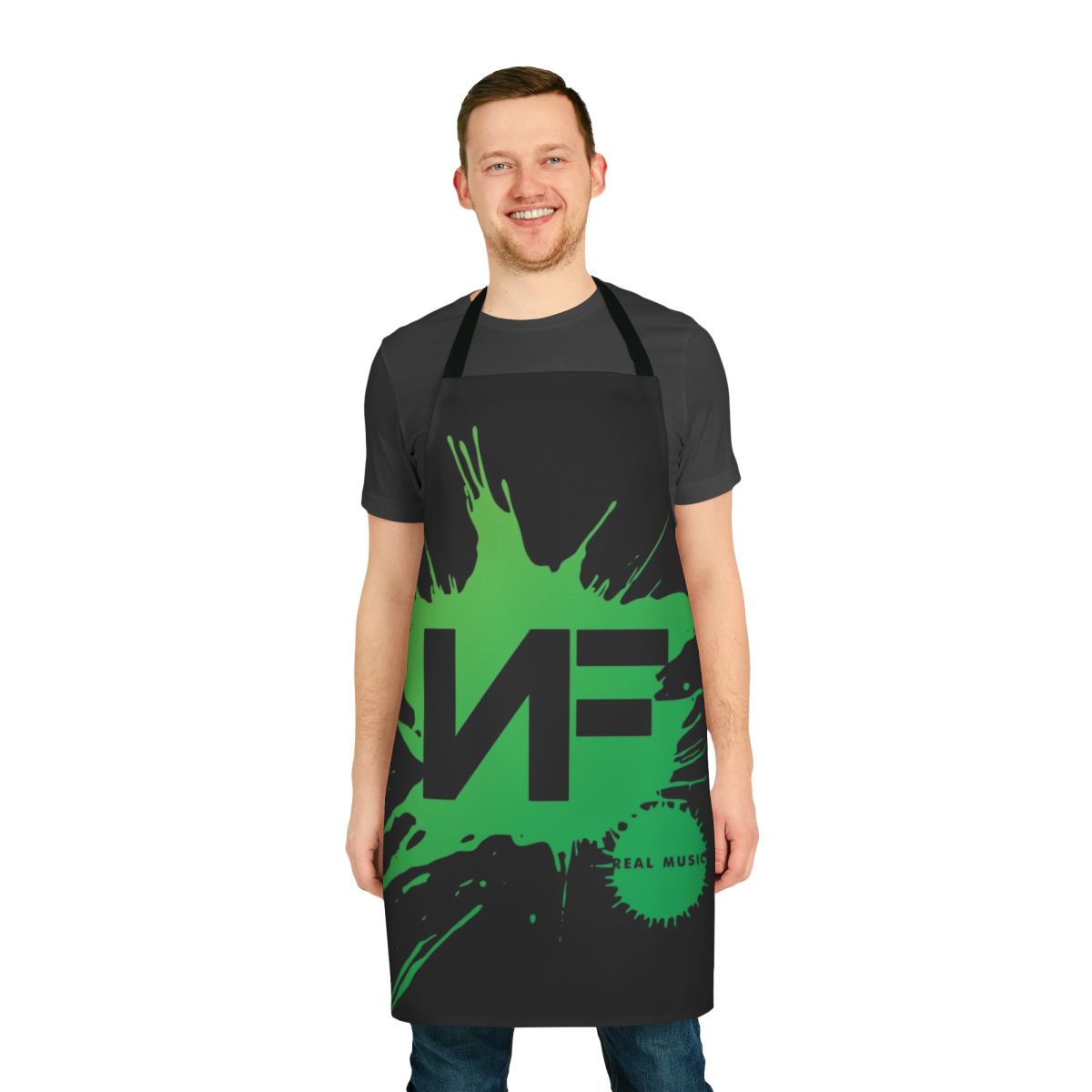 Rap and hip hop inspired apron with the words "NF Real Music"