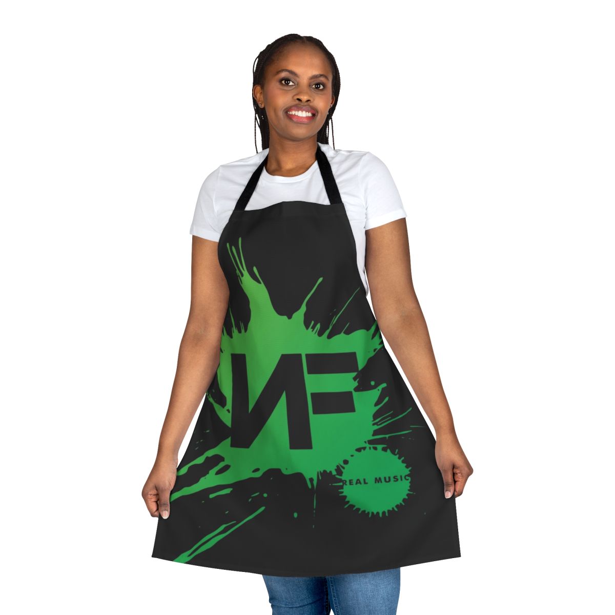 Rap and hip hop inspired apron with the words "NF Real Music"