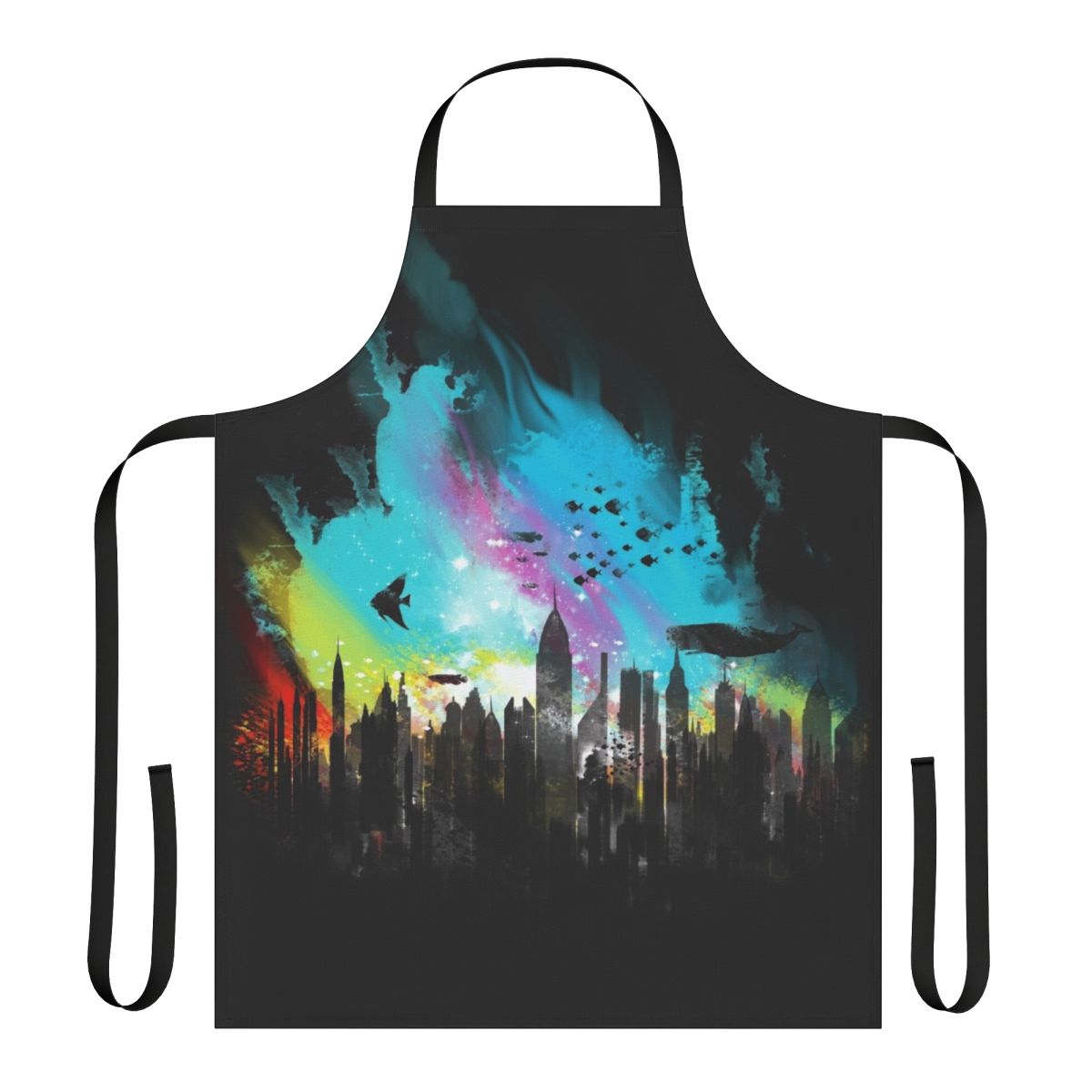 Apron featuring a watercolor-style design of the underwater city of Rapture from the Bioshock video game series.