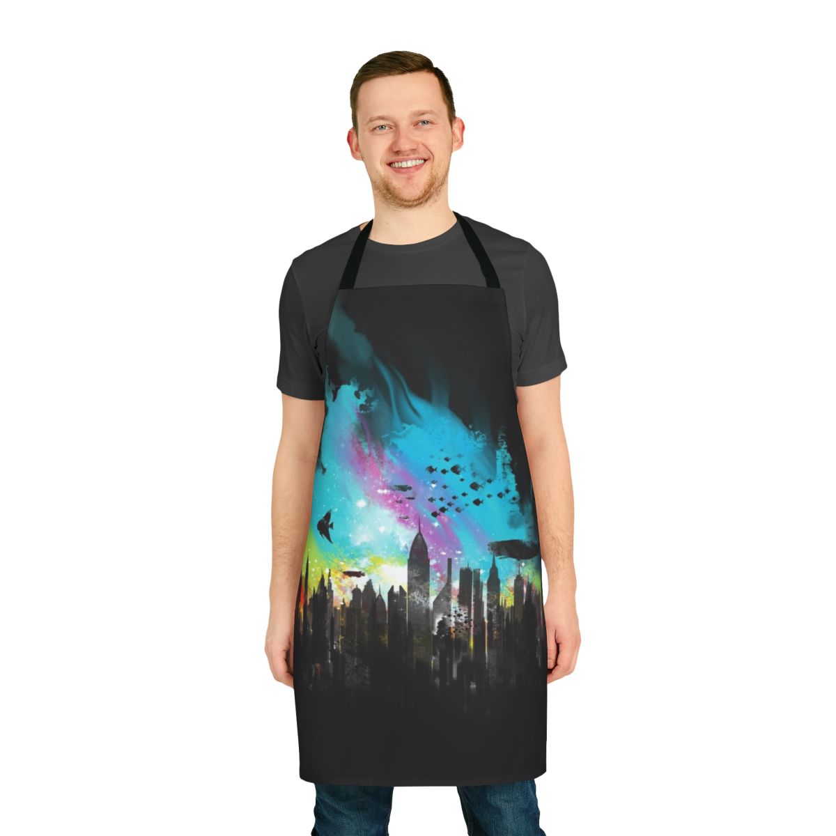 Apron featuring a watercolor-style design of the underwater city of Rapture from the Bioshock video game series.