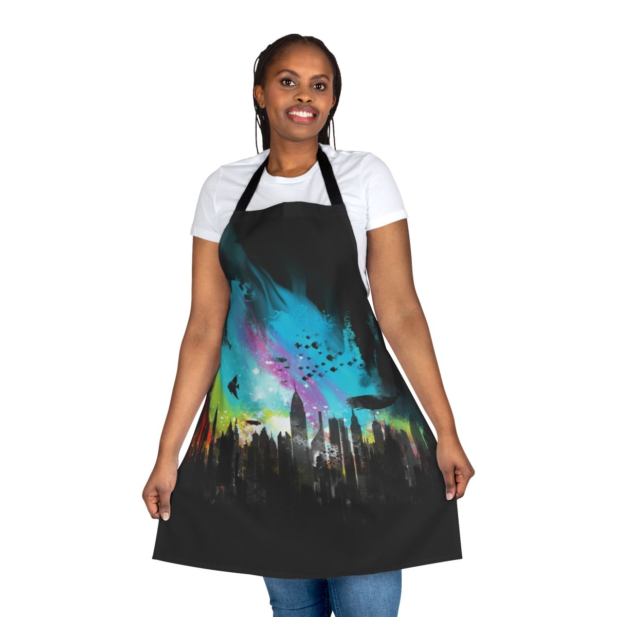 Apron featuring a watercolor-style design of the underwater city of Rapture from the Bioshock video game series.
