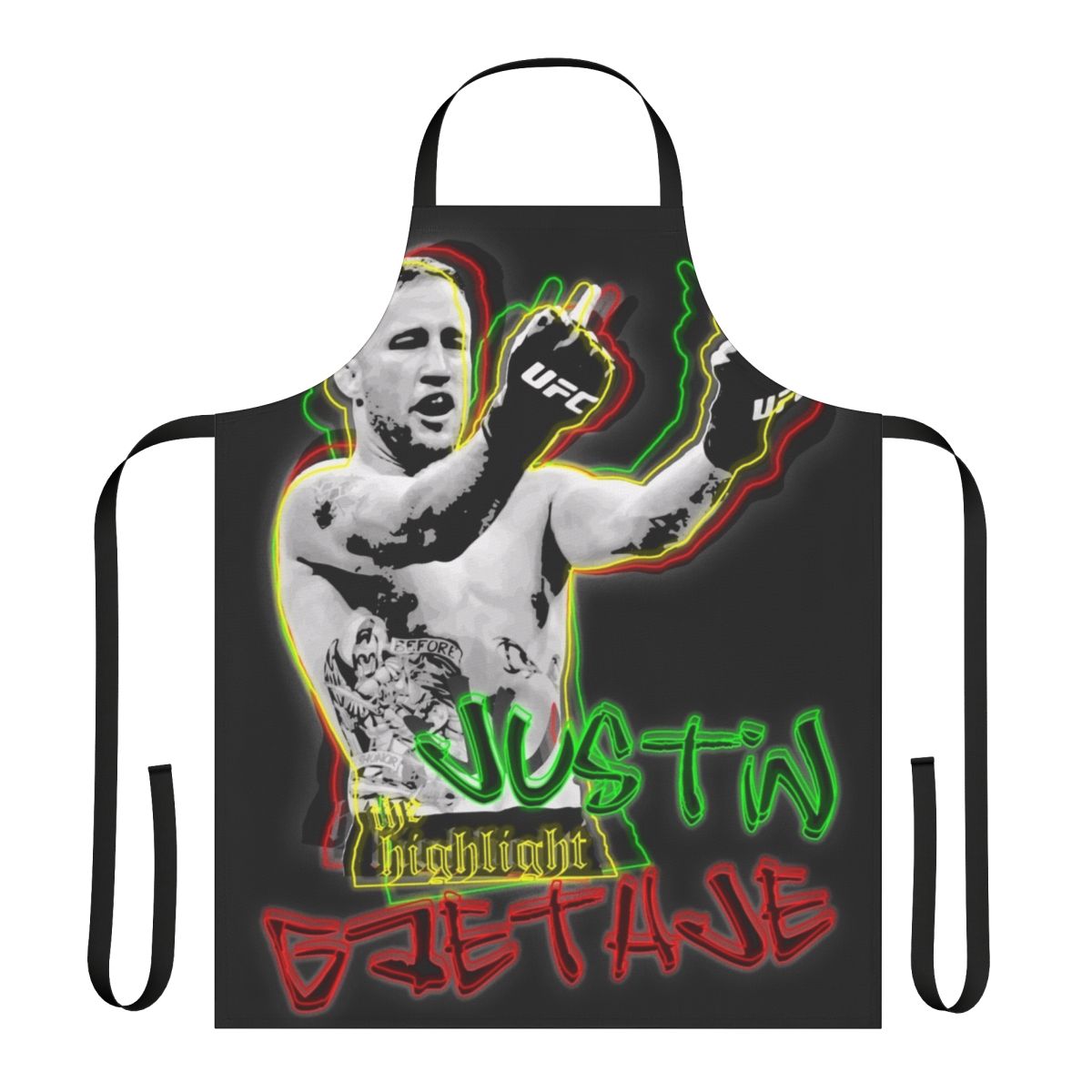 Rasta-inspired apron with the image of UFC fighter Justin Gaethje making his signature "double middle fingers" gesture