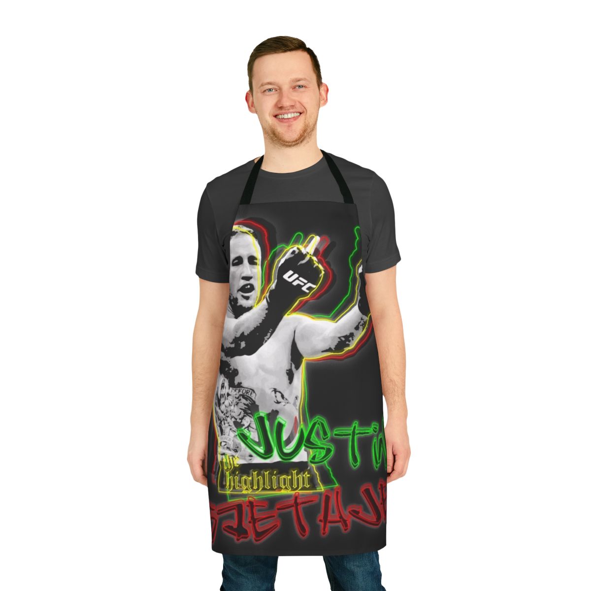 Rasta-inspired apron with the image of UFC fighter Justin Gaethje making his signature "double middle fingers" gesture