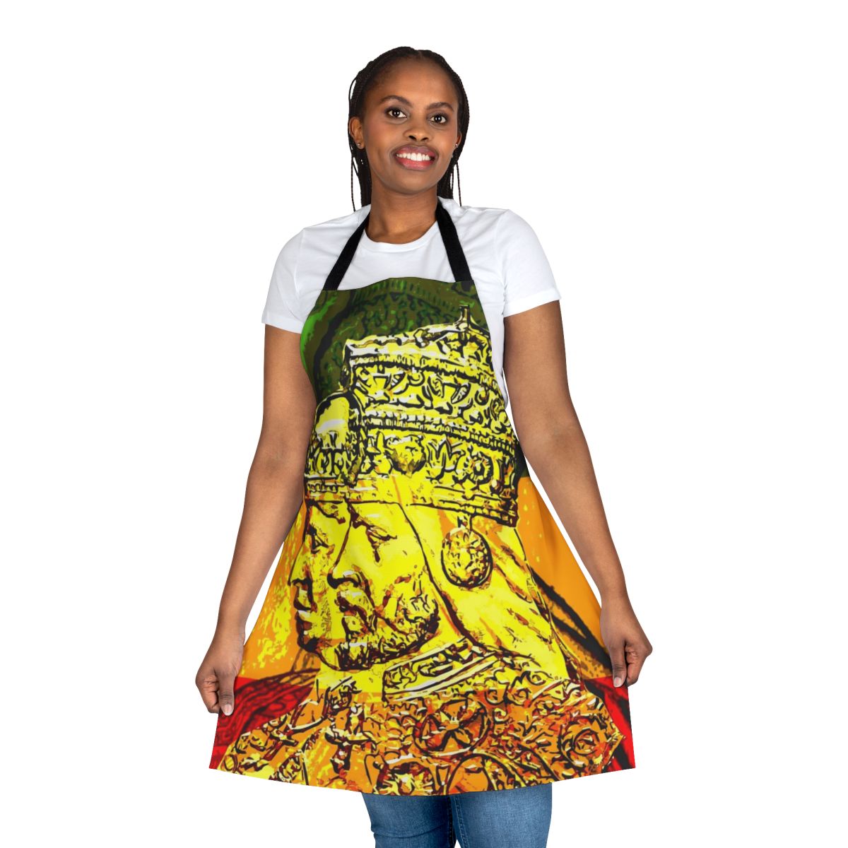 Apron with image of Haile Selassie and Empress Menen, Rastafarian symbols and colors