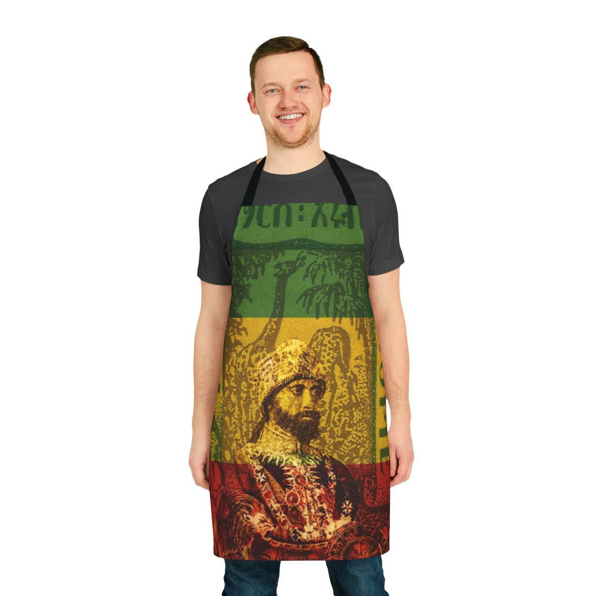 Rastafarian inspired apron featuring the image of Haile Selassie, the former Emperor of Ethiopia