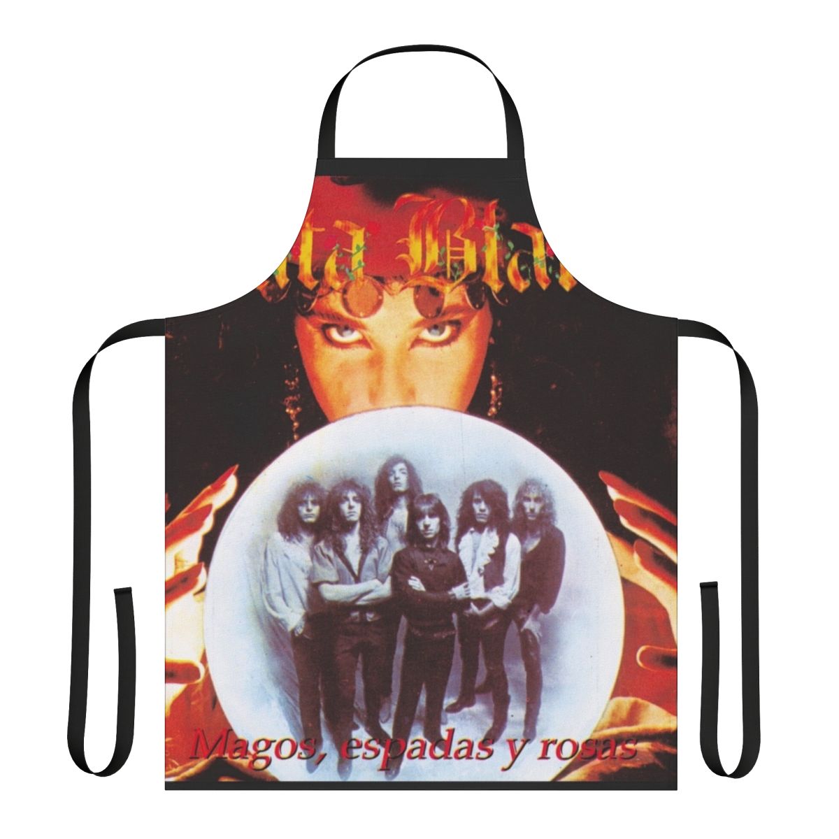 Rata Blanca inspired heavy metal apron featuring the album cover art for 'Magos Espadas Y Rosas'
