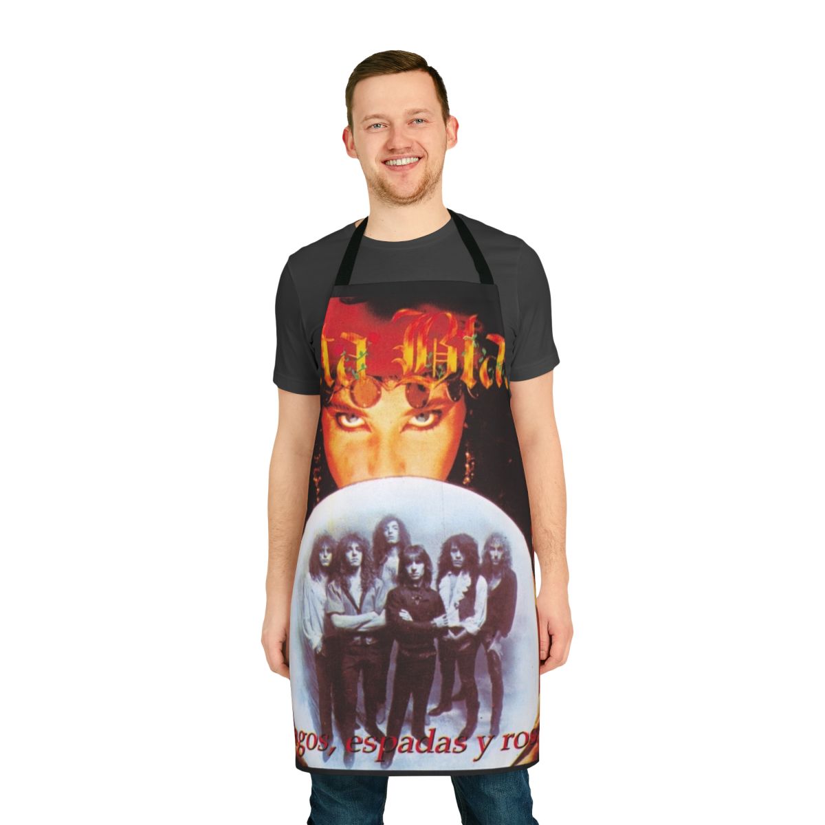 Rata Blanca inspired heavy metal apron featuring the album cover art for 'Magos Espadas Y Rosas'