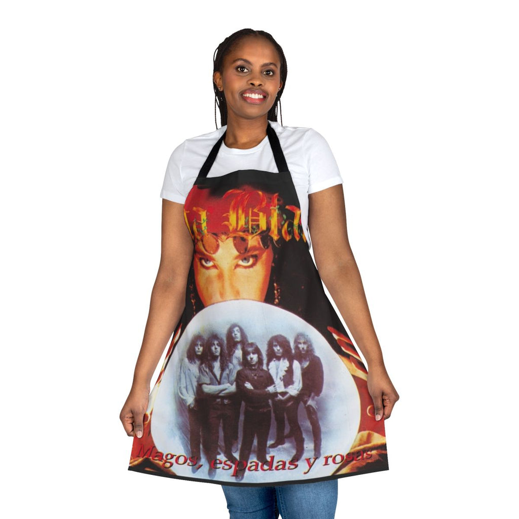 Rata Blanca inspired heavy metal apron featuring the album cover art for 'Magos Espadas Y Rosas'