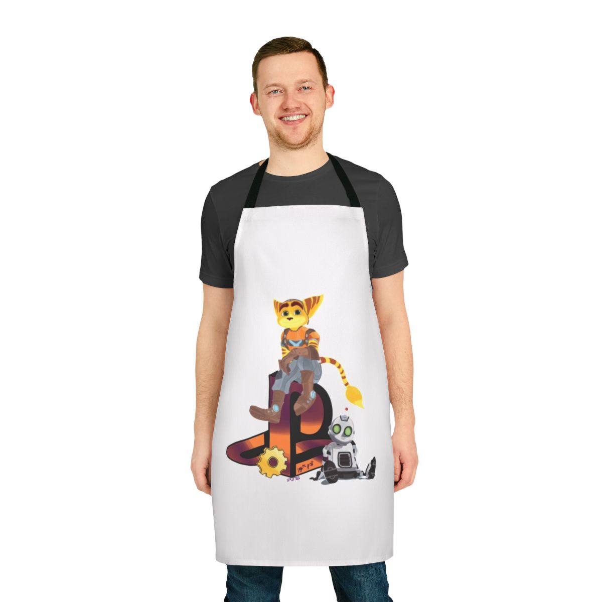 Ratchet and Clank inspired apron featuring the iconic duo and Gadgetron logo