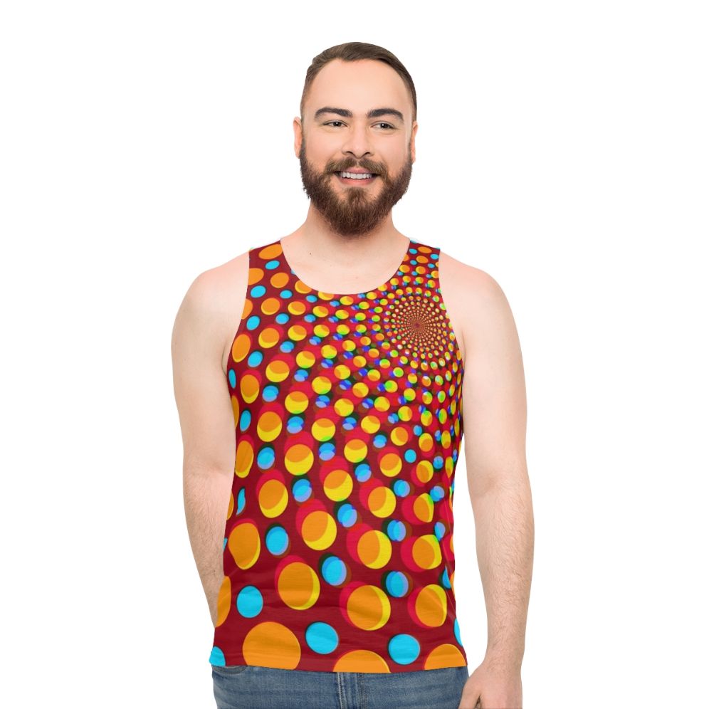 Rave-inspired unisex tank top with psychedelic optical illusion design