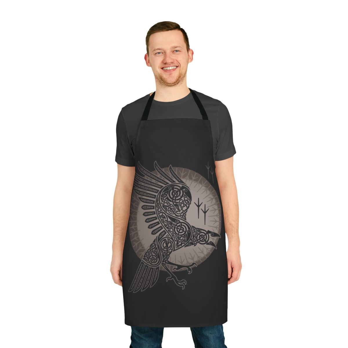 Raven-themed apron with Scandinavian tribal design