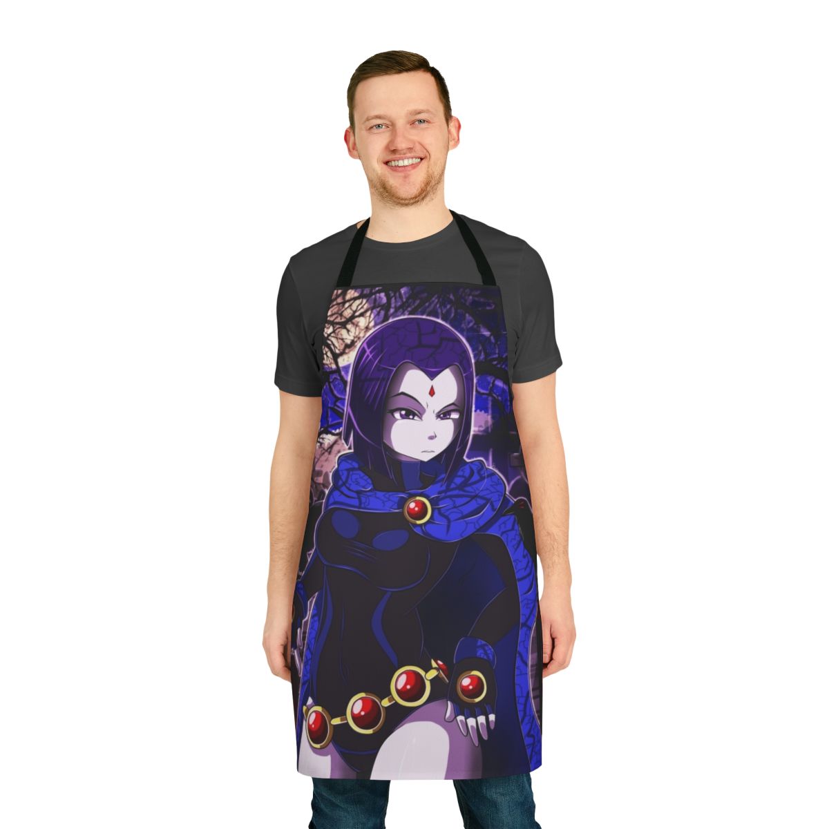 A high-quality apron featuring the character Raven from the popular Teen Titans cartoon series.