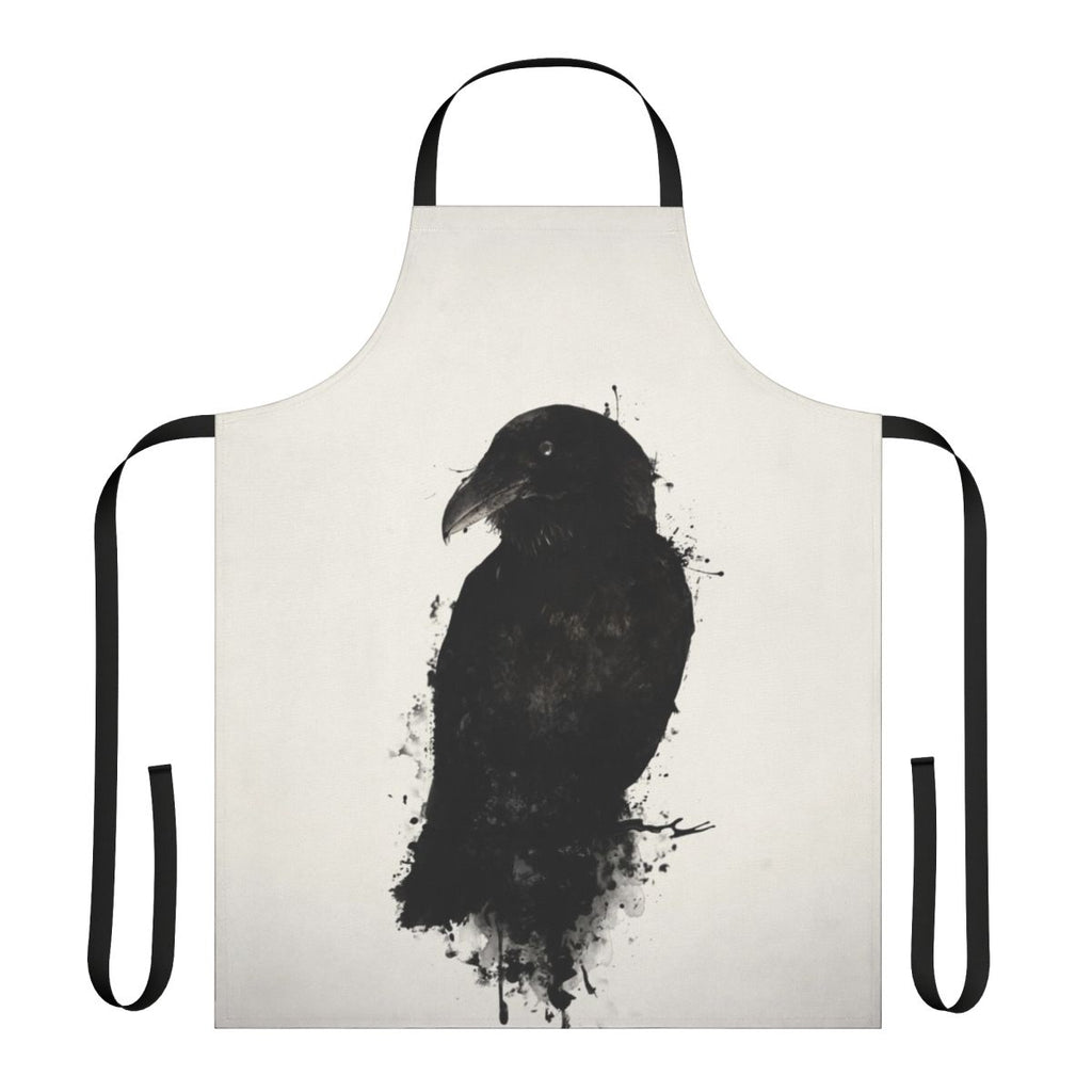 A raven-themed apron with a photomanipulated design featuring ink splatters and bird imagery